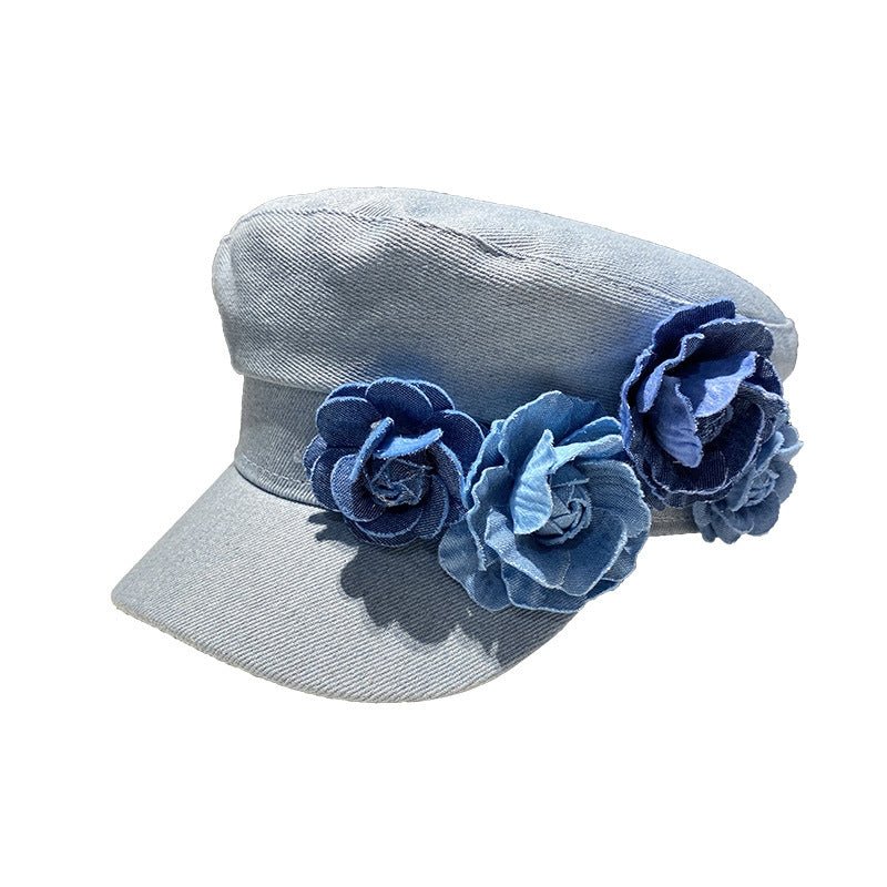 Denim Flat - top Cap Women's Three - dimensional Contrast Color Flowers - Maison Elène