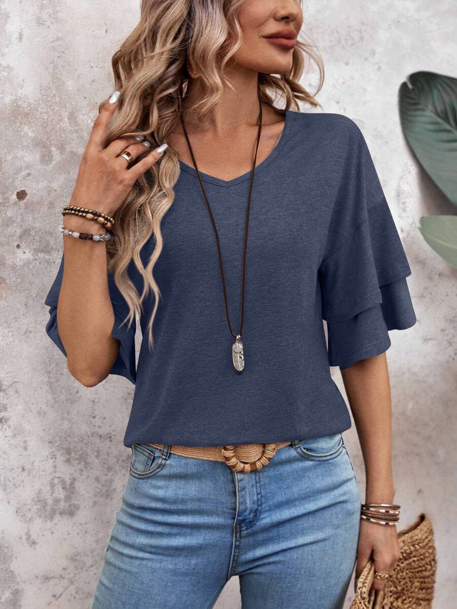 Loose V - neck Ruffle Sleeve T-shirt Fashion Solid Mid - sleeve Tops Women's Clothing - Maison Elène