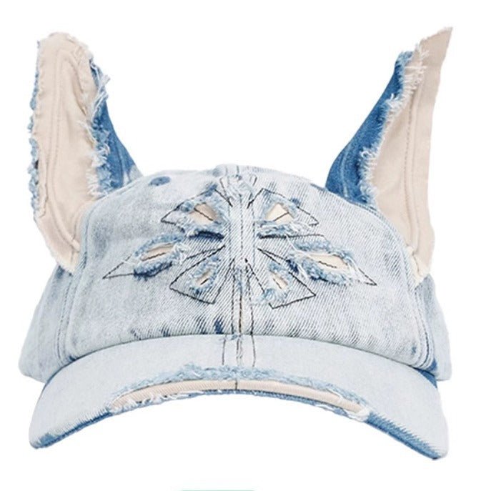 Waste Soil Wind Y2g Doberman Ear Baseball Cap Worn Looking Washed - out Denim - Maison Elène