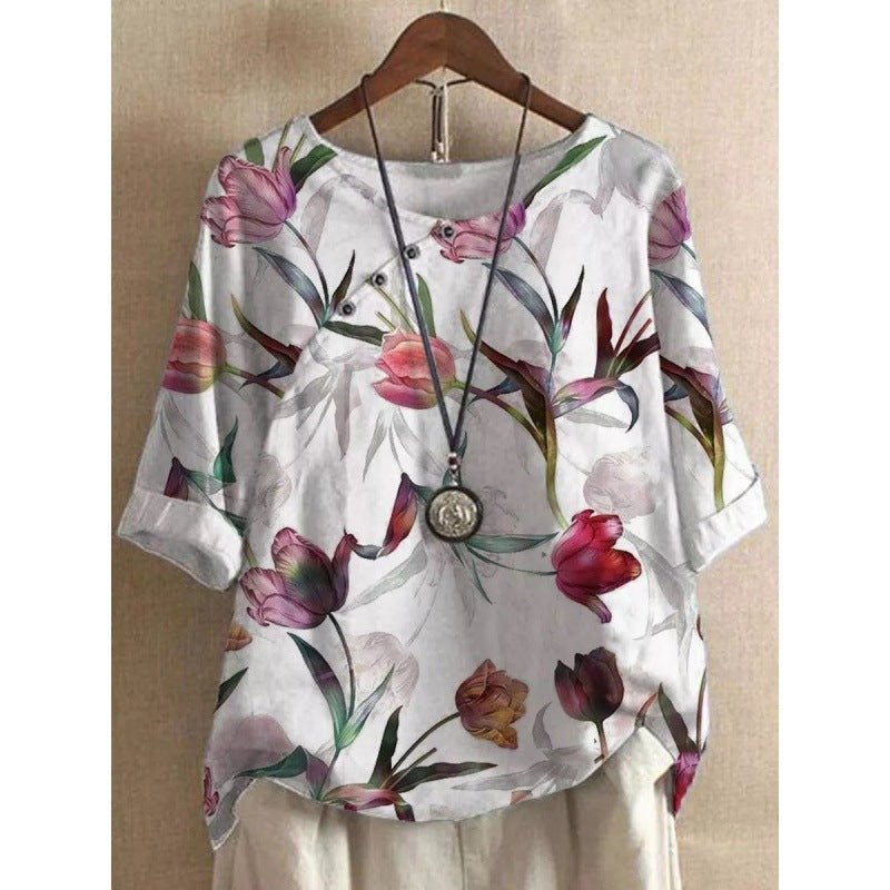 Women's Fashionable Retro Printed Cotton And Linen Short - sleeved T-shirt - Maison Elène