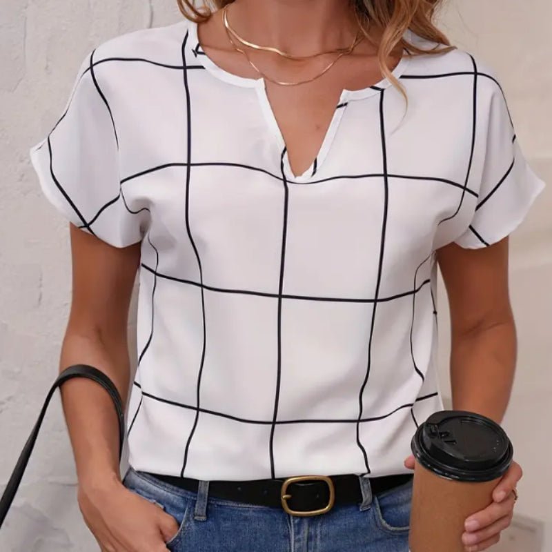 Plaid Print Notched Neck Blouse, Casual Short Sleeve Blouse For Spring & Summer, Women's Clothing - Maison Elène