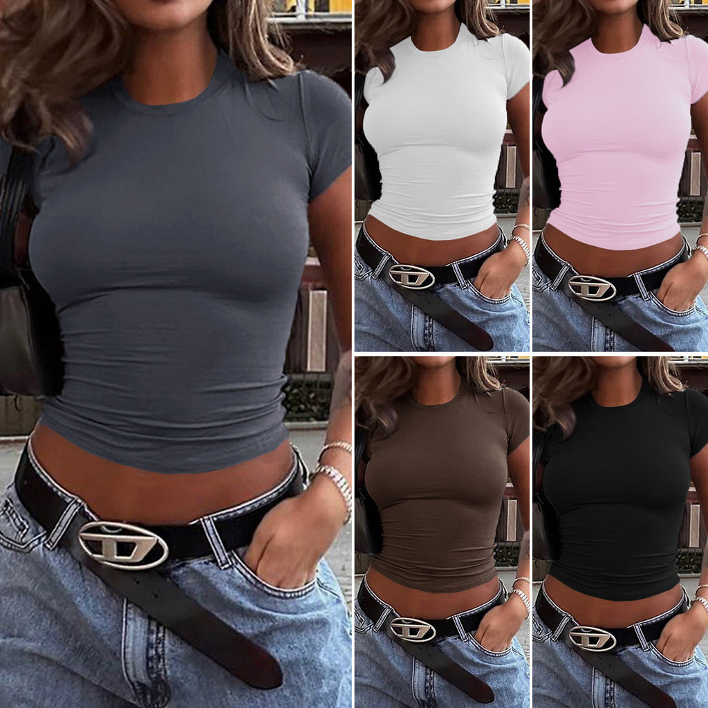 Spring And Summer Solid Color Top Waist Trimming Short Slim Fit Midriff - baring T-shirt - Maison Elène
