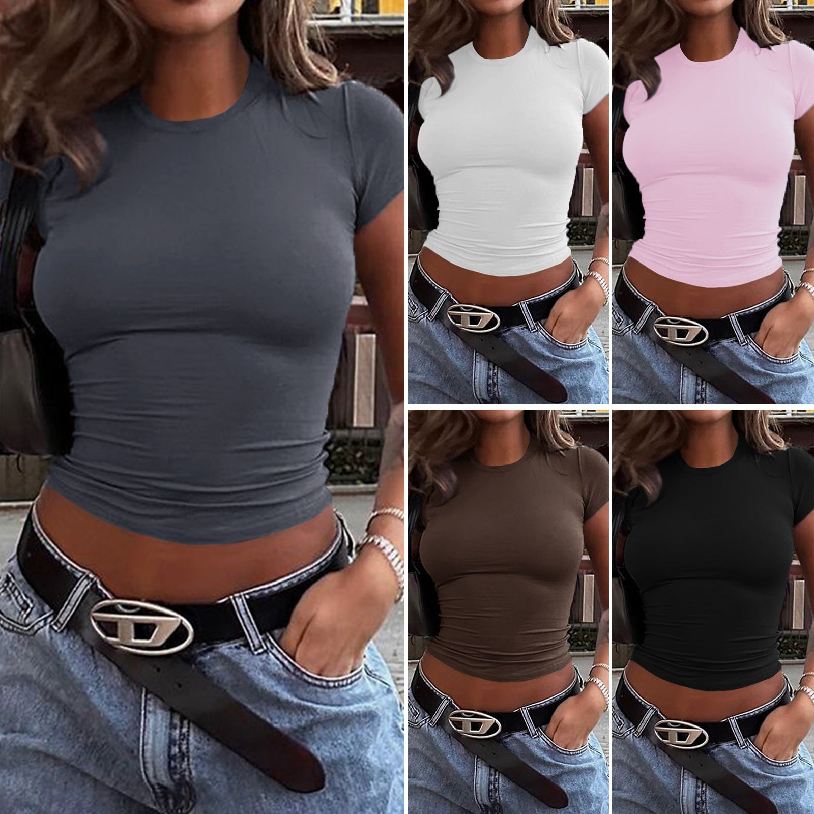 Spring And Summer Solid Color Top Waist Trimming Short Slim Fit Midriff - baring T-shirt - Maison Elène