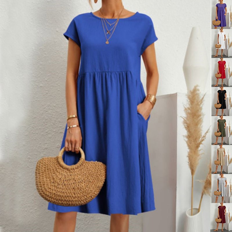 Summer Short - sleeved Dress With Pockets Fashion Solid Round Neck A - line Dresses For Women Clothing - Maison Elène