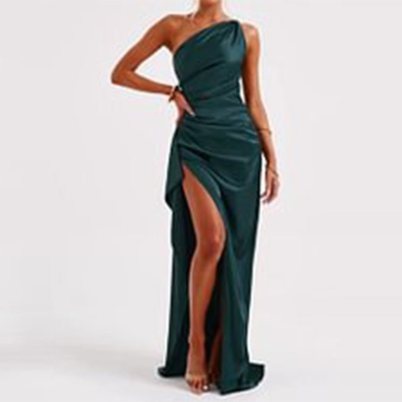 Sexy One - shoulder Backless Slit Dress Summer Elegant Slim - fit Solid Color Satin Dresses For Women - Maison Elène