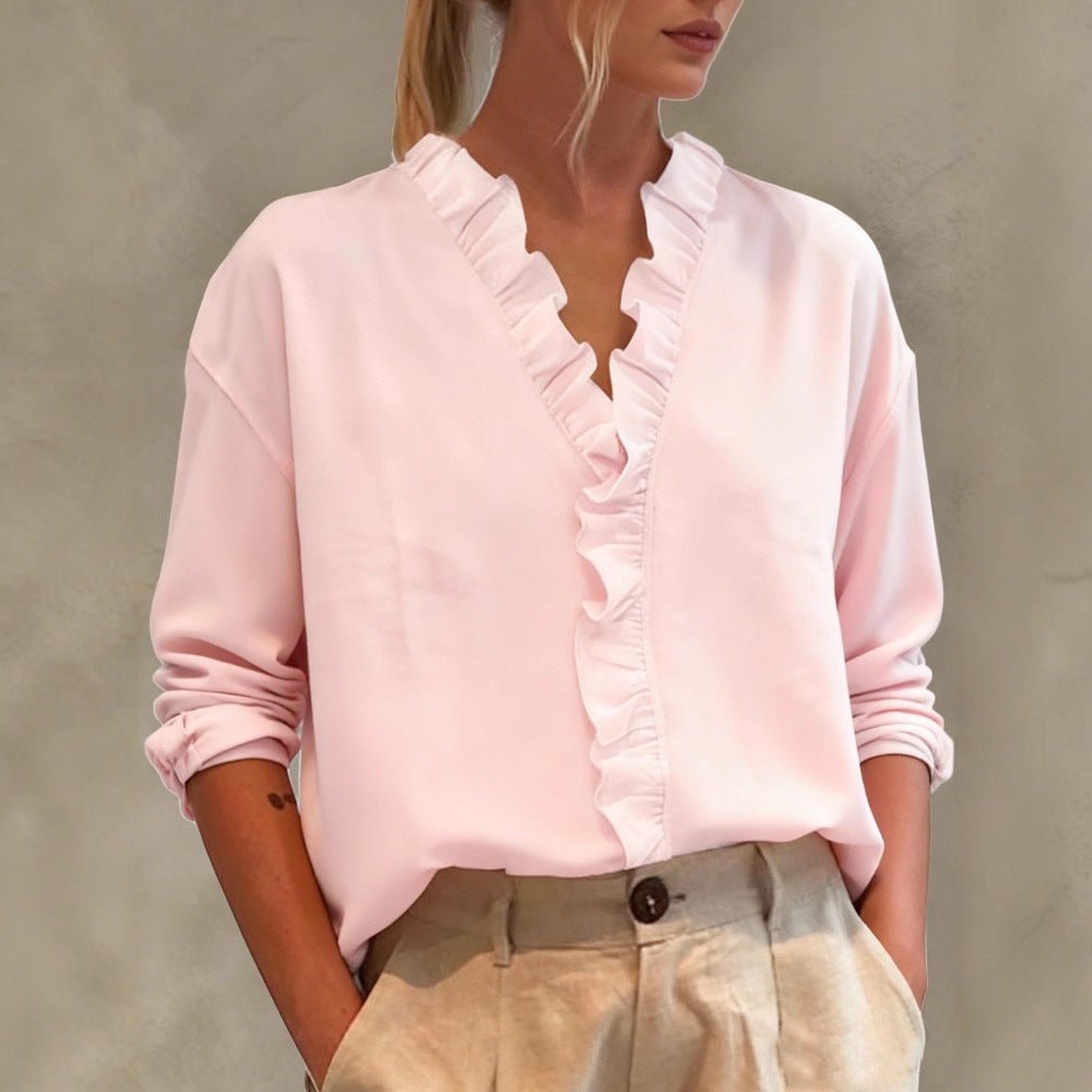 Womens Casual Long - sleeve V - neck Blouse With Lace Trim - Maison Elène