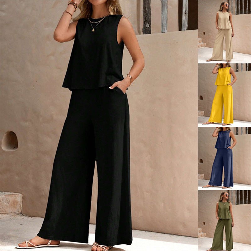 Solid Color Casual Loose Pants Sets For Women Elegant Spring Summer Women's Two Pieces Suit Full Trouser Set Female Outfit Clothes - GlucklichgoodsLLC