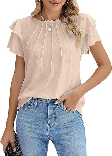 Summer Pleated Short Sleeve Round Neck Top Business Work Shirt - Maison Elène