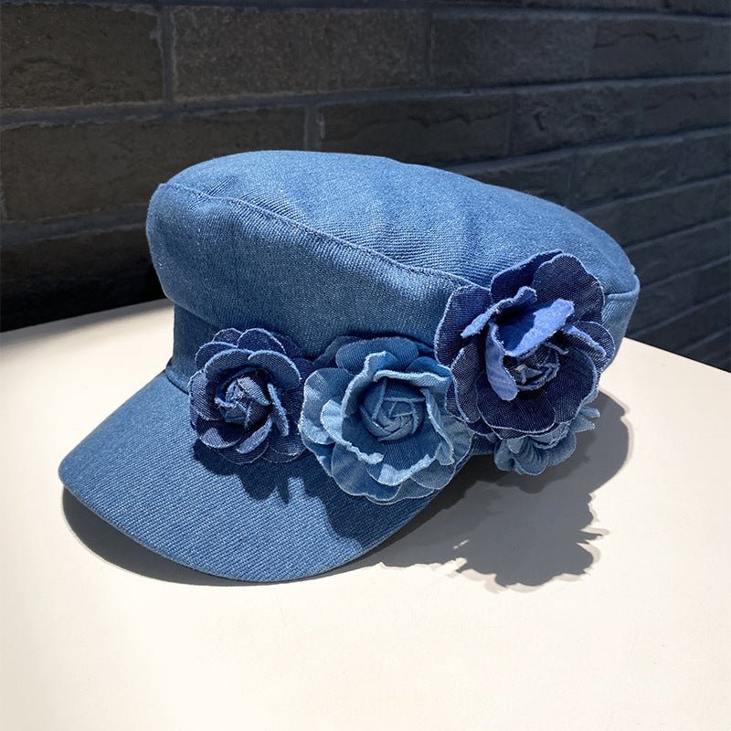 Denim Flat - top Cap Women's Three - dimensional Contrast Color Flowers - Maison Elène