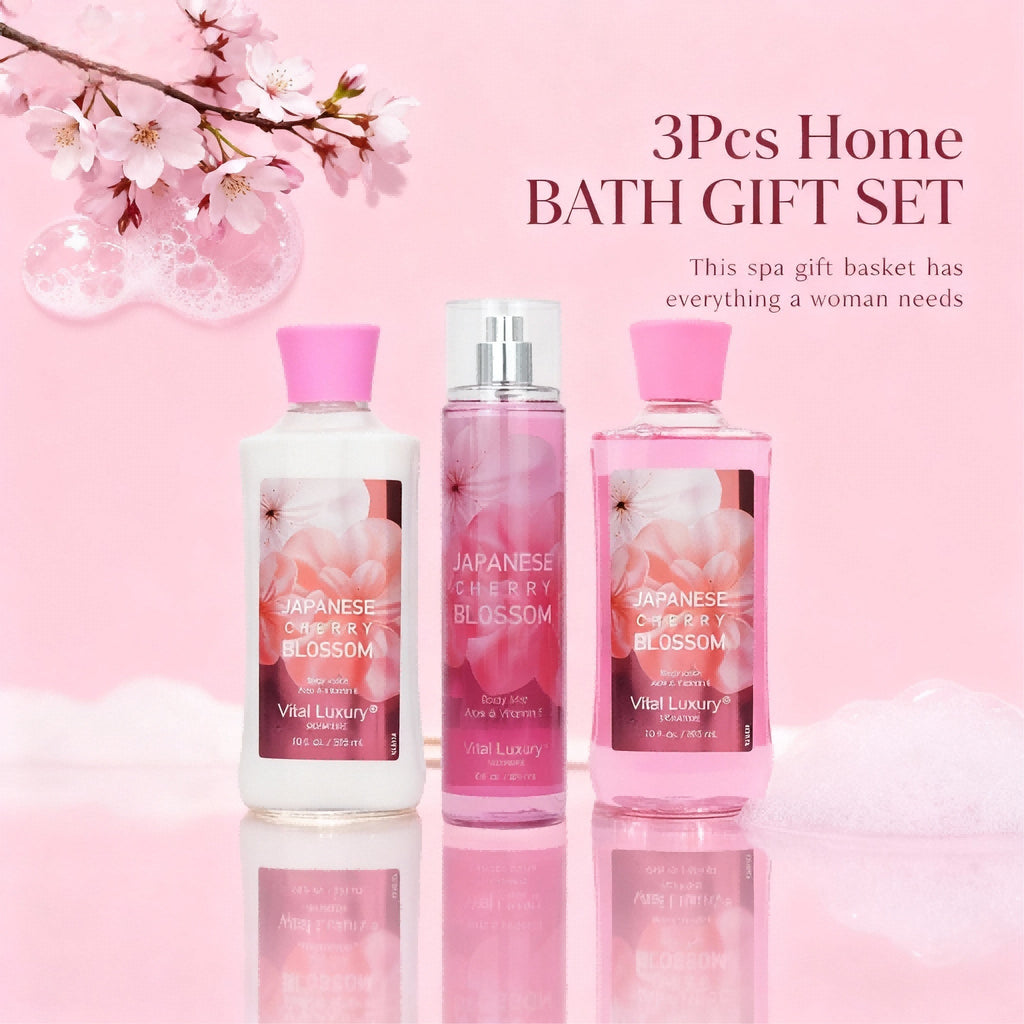 3pcs Set - Sakura Fragrance Shower Gel Set, Japanese Cherry Blossom 10 Fl.oz Shower Gel, 10 Fl.oz Body Lotion, 8 Fl. Oz Body Mist, A Three - piece Bath And Body Care Gift Set - Maison Elène