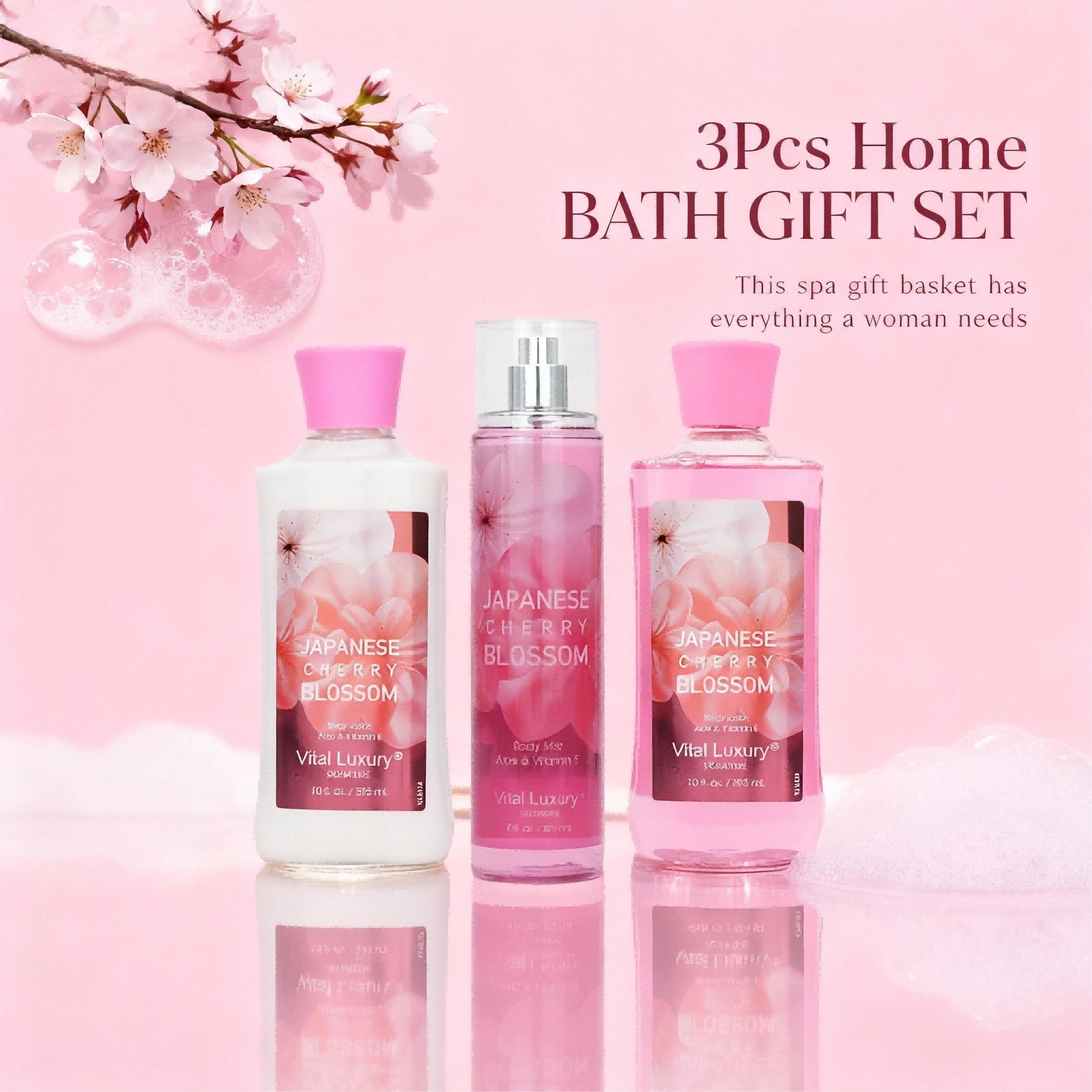 3pcs Set - Sakura Fragrance Shower Gel Set, Japanese Cherry Blossom 10 Fl.oz Shower Gel, 10 Fl.oz Body Lotion, 8 Fl. Oz Body Mist, A Three - piece Bath And Body Care Gift Set - Maison Elène