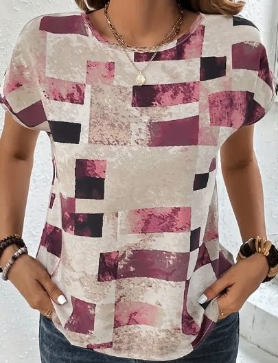 Women's Chic Geometric Aztec Print T-Shirt - Casual Crew Neck, Durable Non - Stretch Fabric, Ideal For Summer Wear - Maison Elène