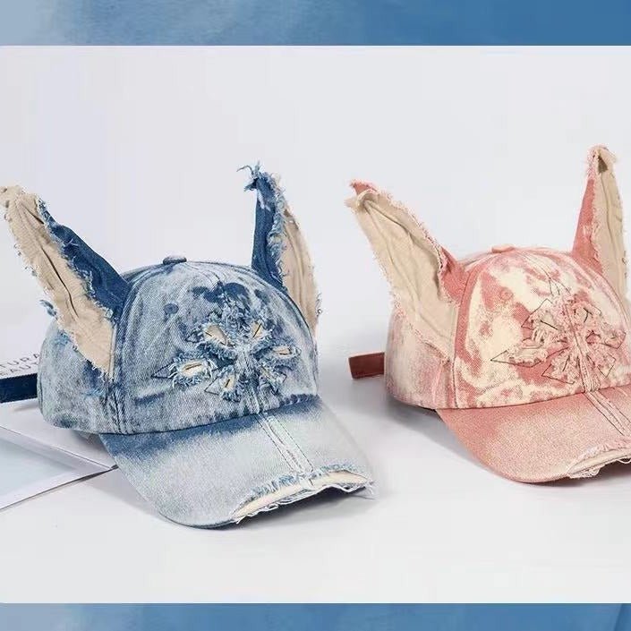 Waste Soil Wind Y2g Doberman Ear Baseball Cap Worn Looking Washed - out Denim - Maison Elène