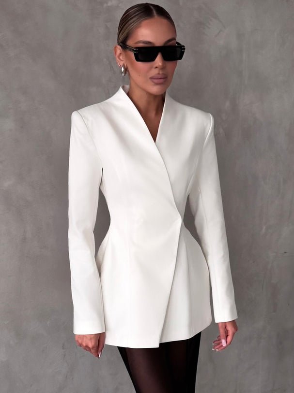 White Structured Hourglass Blazer Dress - Sculpted Waist Tailored Blazer for Women - Maison Elène