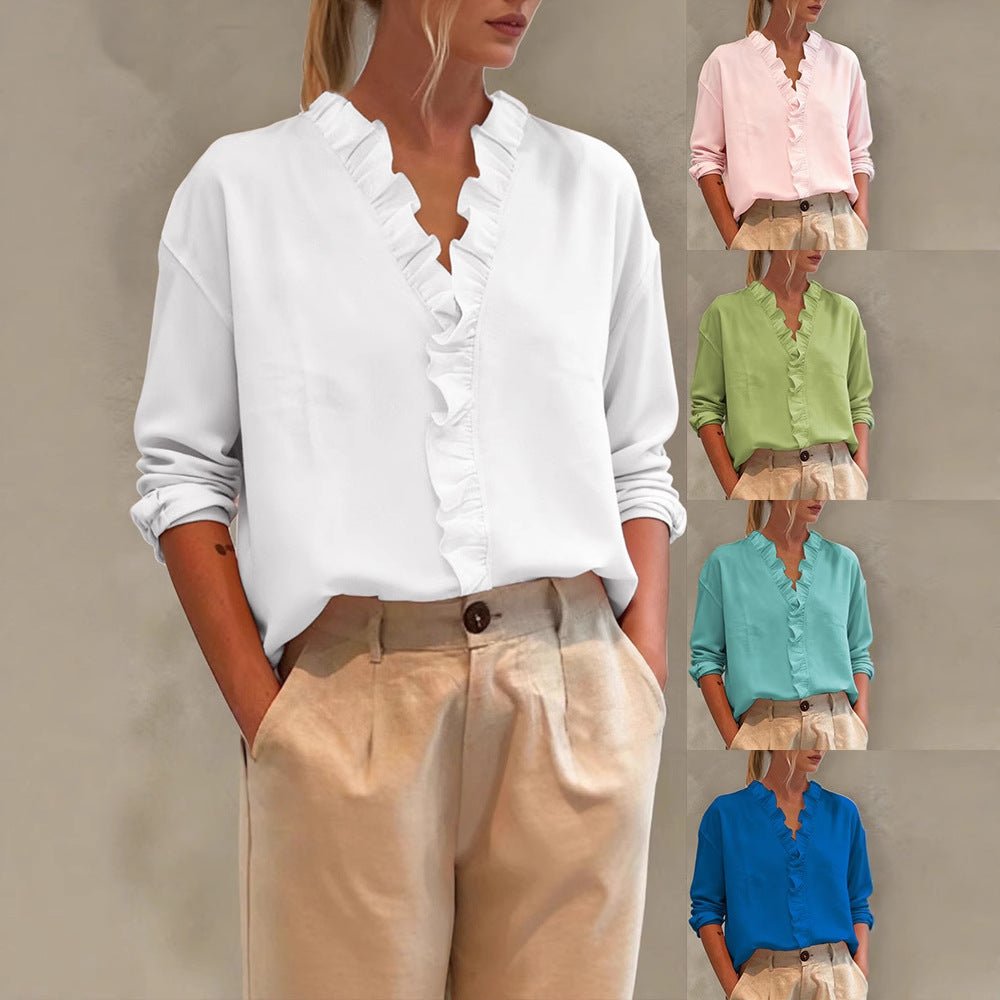 Womens Casual Long - sleeve V - neck Blouse With Lace Trim - Maison Elène