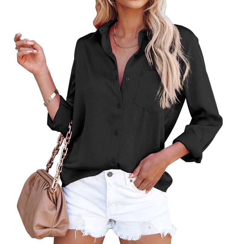 Satin Long Sleeve V Neck Linen Shirt - Oversized Long Sleeve Casual Blouse - Premium Cotton Business Casual Top for Women - Maison Elène