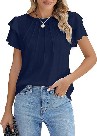 Summer Pleated Short Sleeve Round Neck Top Business Work Shirt - Maison Elène